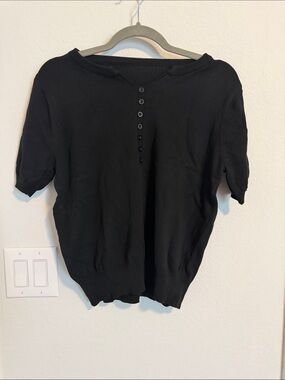 Black Short-Sleeve Button-Up Knit Sweater